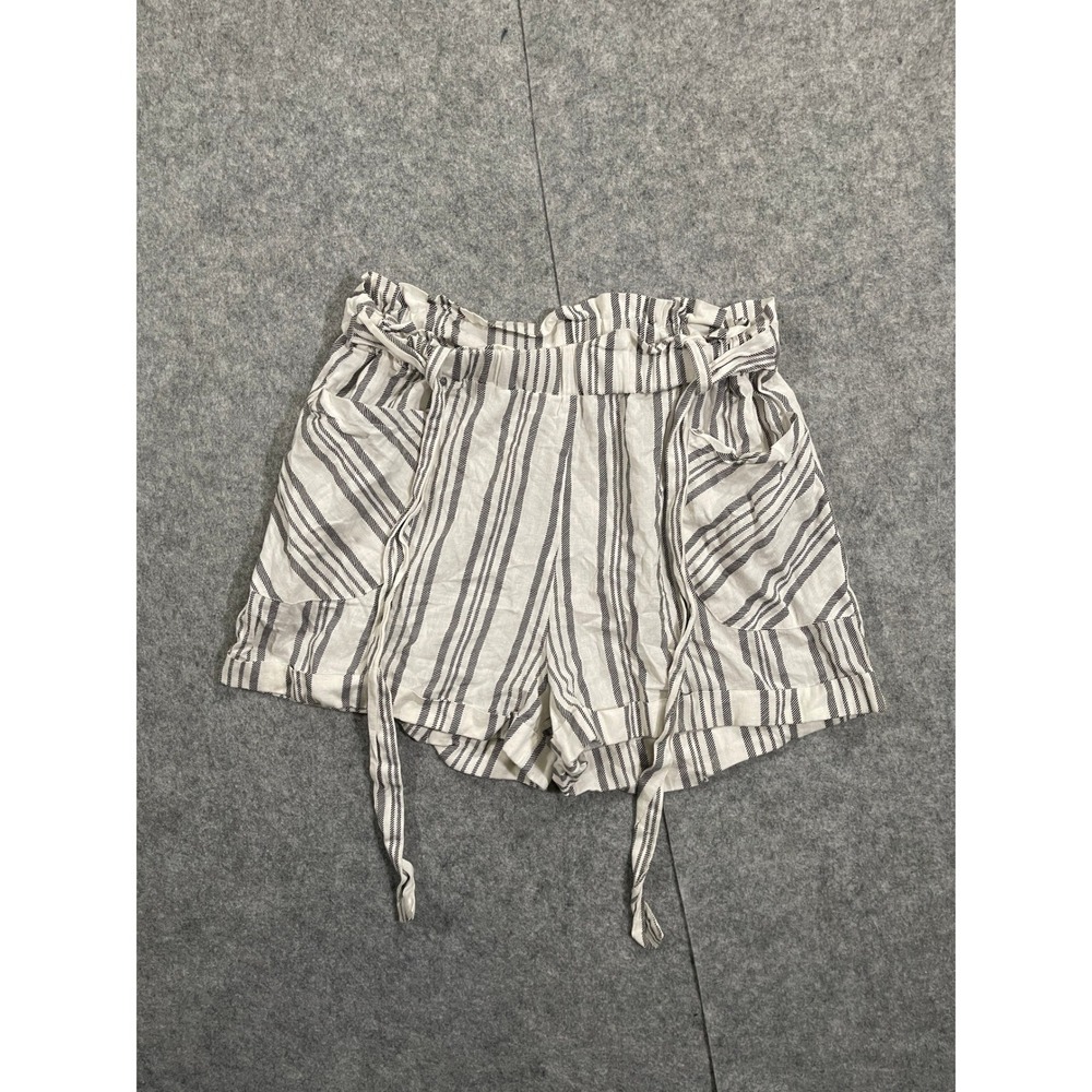 Jolie & Joy Striped Paperbag Waist Shorts Cream Black Linen Blend Large Womens